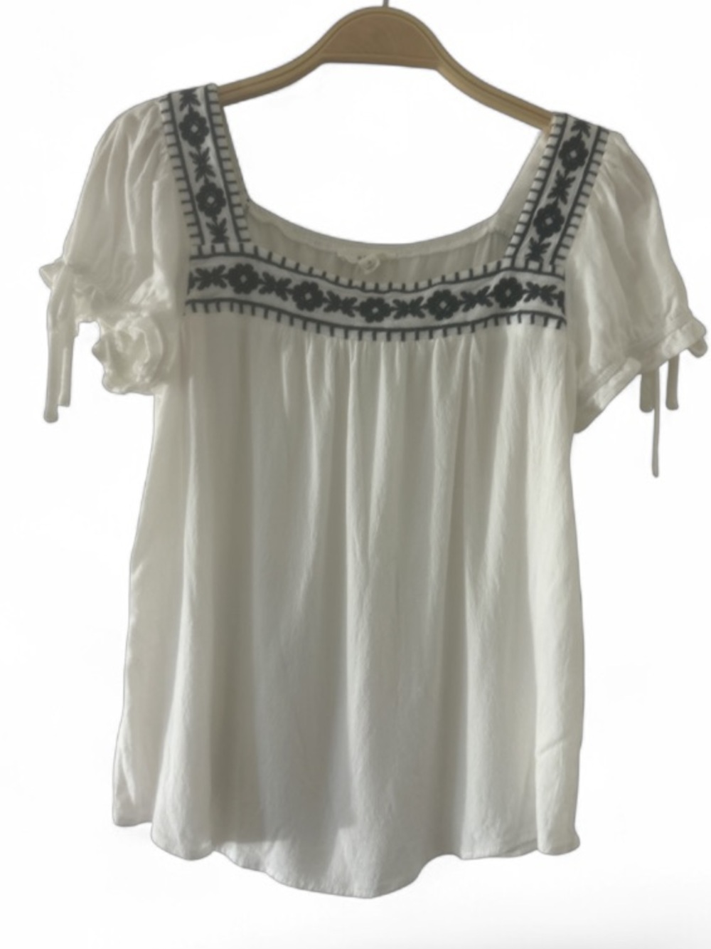 mine White Peasant Blouse with Navy Blue Embroidered Yoke